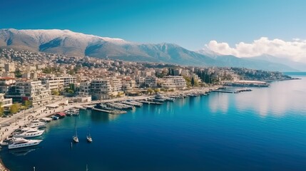 Perfect spring cityscape of Saranda port. Picturesque Ioninian seascape. Bright morning scene of Albania, Europe. Traveling - obrazy, fototapety, plakaty