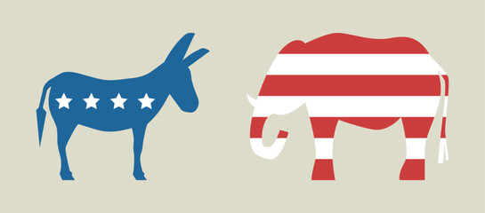 Elephant and donkey with stars and stripes. USA flag colors. Vector illustration.