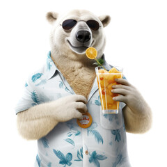 a Polar bear as a party animal,  in a cool Hawaiian shirt holding a drink in a Fun Party-themed, photorealistic illustration in a PNG, cutout, and isolated. Generative AI - obrazy, fototapety, plakaty