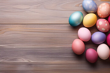 Top View of Colorful Easter Egg over Light Wooden Table - Created with Generative AI Tools