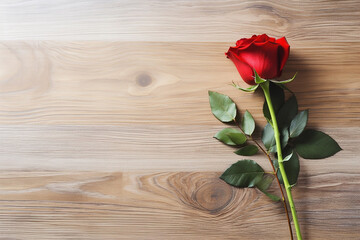 Top View of One Red Rose over Light Wooden Table - Created with Generative AI Tools