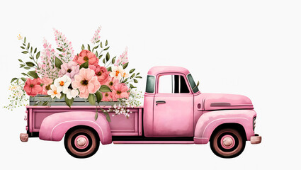greeting card .pink truck carrying flowers with copy space.Generative AI