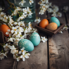 Fototapeta na wymiar Congratulatory Easter background. Easter eggs on a wooden table and flowers.Generative AI