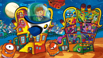 Cartoon funny colorful scene of cosmos galactic alien ufo isolated illustration for children