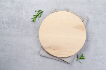 Empty Wooden Board on Grey Concrete Background, Top View