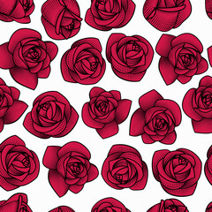 Red roses on a white background. Seamless background for fabrics, textiles, packaging and wallpaper. Vector illustration