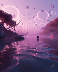 Purple fantasy landscape against alien sky. A lonely figure of a man against the backdrop of a fantastic landscape. Magic evening calming scene. Strange luminous substances, calm expanse of the lake.
