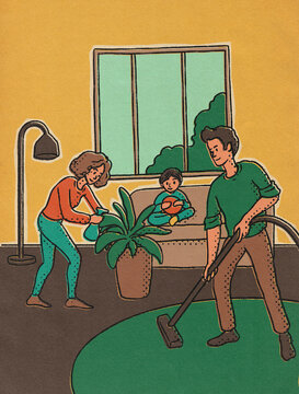 Woman and Man Cleaning Together 