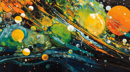 A painting of colors and bubbles in space in the style of fluid, green and black, orange and green, vibrant acrylic colors background. Generative Ai.