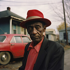 Portrait of an old black Man wearing a red hat