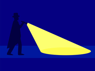 The detective shines a flashlight in front of him. A male silhouette in a hat and raincoat holds a luminous flashlight in his hand. Design for posters, prints and banners. Vector illustration