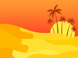 Desert landscape with palm trees and sand dunes. Sunrise in the desert, sand dunes with silhouettes of palm trees. Design for print, banners and posters. Vetornaya illustration