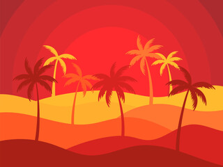 Wavy desert landscape with sun and palm trees in cut paper style. Sunrise in the desert, sand dunes with silhouettes of palm trees. Design for print, banners and posters. Vetornaya illustration
