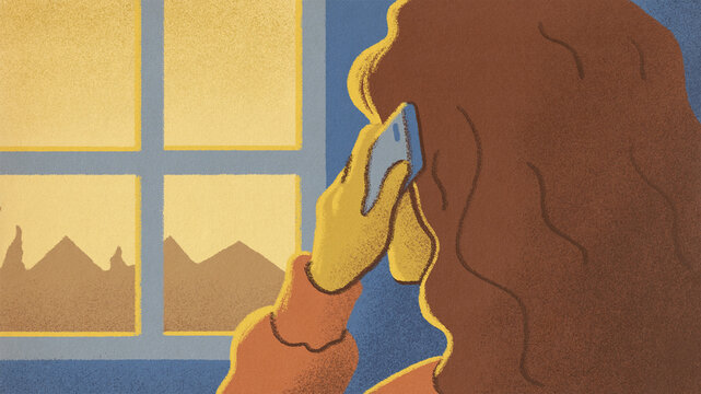 Phone Talking Woman Looking At Window Illustration