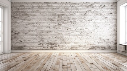 white brick wall background in rural room, brick and wooden floor beautiful interior design