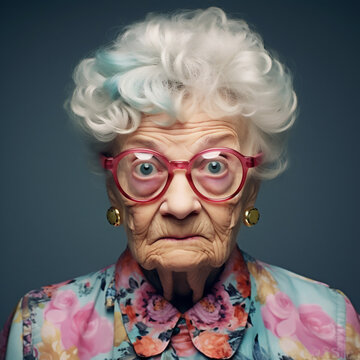 Portrait of a Kooky Grandma in Pink Glasses and Eccentric Clothes - Celebrating the Vibrant Individuality of Senior Women. Generative AI.