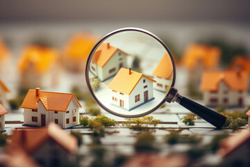 Searching new house for purchase. Rental housing market. Magnifying glass near residential building. Created with Generative AI - obrazy, fototapety, plakaty