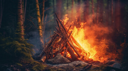 Closeup bonfire in the forest and smoke. Generative Ai.