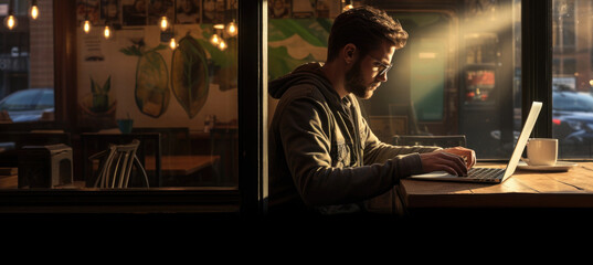 Obraz premium Business man working in cafe, using laptop. Freelancer works remotely. Created with Generative AI