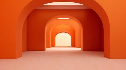 Orange Corridor with Arches, Abstract, shadows, conceptual, modern