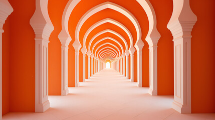 Orange Corridor with Arches, Abstract, shadows, conceptual, modern