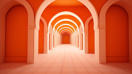 Orange Corridor with Arches, Abstract, shadows, conceptual, modern, art