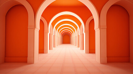 Naklejka premium Orange Corridor with Arches, Abstract, shadows, conceptual, modern, art