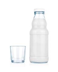 A glass of milk and a milk bottle isolated on white background.