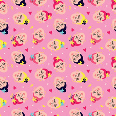 Pink vibrant pattern with comical funny girly faces,
