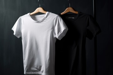 Obraz premium white t shirt on a hanger, black t shirt on a hanger, black t-shirt, white t-shirt, black t shirt, tshirt mockup, blank tshirt mockup, wooden hanger, white, black