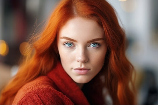  portrait of a young woman with bright red hair color and hairstyle. Banner or poster. Social media content for beauty salons. hair dye color in the catalog. Generative AI