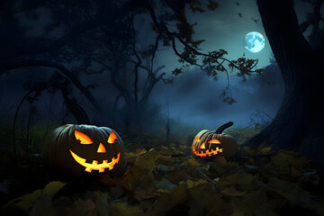 Glowing Halloween pumpkins in the dark forest, Generative AI