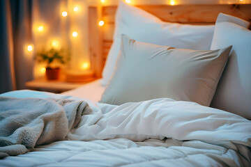 Fototapeta na wymiar Concept of sleep hygiene cosy bed with soft pillow. AI Generative.