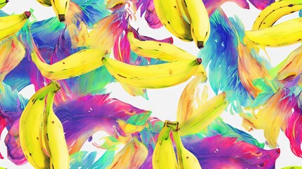  a bunch of bananas that are painted in different colors of rainbows and blue and yellow with a white background that has a bunch of bananas in the middle.  generative ai