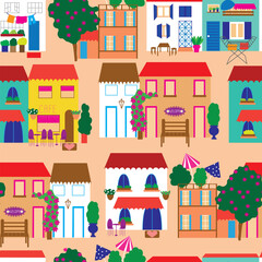 Orange cute tiny houses seamless vector background. Small houses with trees and flowers vector pattern.