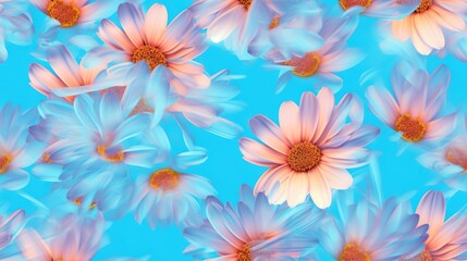 Fototapeta na wymiar a bunch of flowers that are on a blue surface with a pink center and a yellow center on the center of the flower, and a blue background with a pink center. generative ai