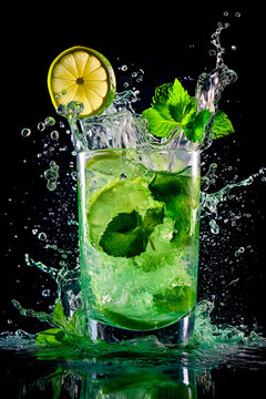 Refreshing summer splash cocktail mojito black background. AI Generative.