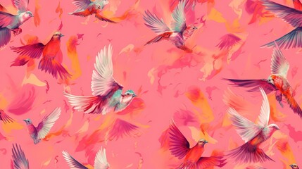 Fototapeta na wymiar a flock of birds flying through a pink sky with a lot of pink and orange colors on it's wings and a pink background. generative ai