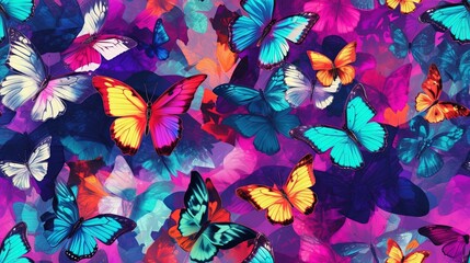  a bunch of colorful butterflies flying through the air on a purple background with a pink and blue background and a pink background with a blue and yellow border.  generative ai