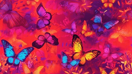  a group of colorful butterflies flying over a red field of grass and flowers with a bright pink sky in the background and a pink sky. generative ai