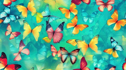  a group of colorful butterflies flying through the air on a green background with a blue sky in the background and a red and yellow butterfly in the middle.  generative ai