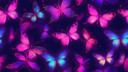  a group of pink and blue butterflies flying in the air on a black background with stars and sparkles in the sky above it,.  generative ai