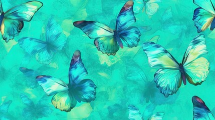  a group of blue butterflies flying through the air on a green background with blue and yellow leaves in the foreground and a blue sky in the background.  generative ai