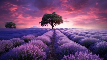 Tuinposter  a lone tree in a field of lavenders under a purple sky with a mountain in the distance and a pink sunset behind it with clouds.  generative ai © Shanti