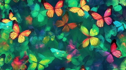  a group of colorful butterflies flying in the air with a green background and a blue sky in the background with a few yellow and red butterflies.  generative ai