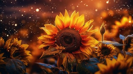  a large sunflower in a field of sunflowers with a star filled sky in the background of the picture behind it.  generative ai
