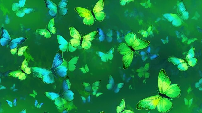  a group of green butterflies flying through the air on a green background with a blue sky in the middle of the picture and a green background.  generative ai