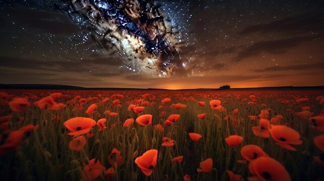  a field of red flowers under a night sky with stars and a tree in the distance with a bright star filled sky above the field.  generative ai