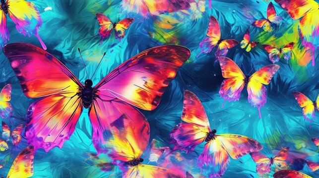  a group of colorful butterflies flying through the air on a blue background with a green leafy pattern on the bottom of the image and bottom half of the image.  generative ai