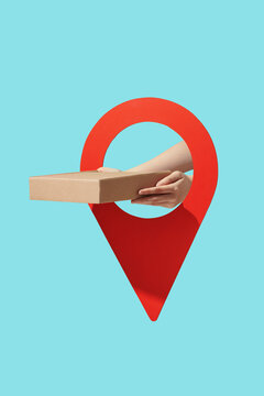 Location pin and courier hands holding parcels, blank copy space